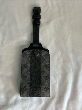 Coach Black, Gray and Gunmetal Signature Stripe Leather Luggage Tag CEB78